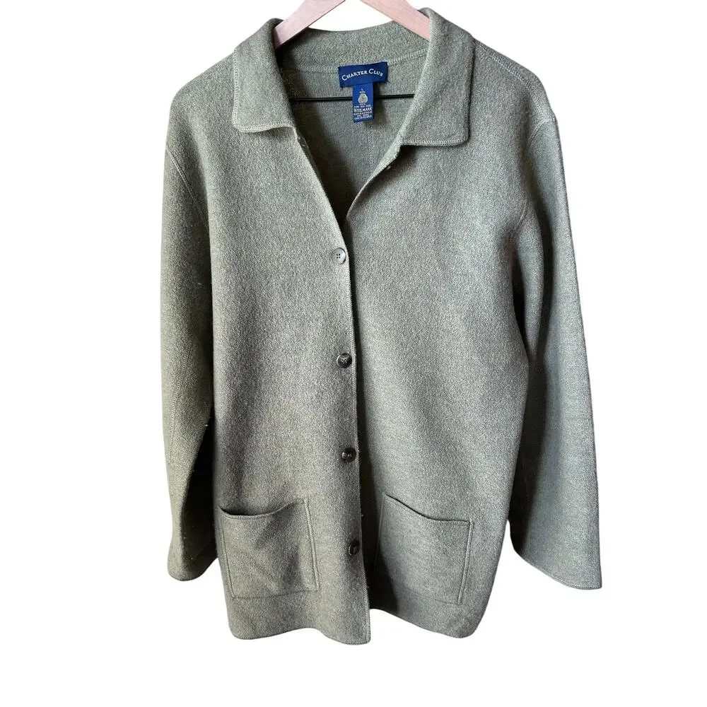Charter Club Green Grey Pure New Wool Fisherman Cardigan L
